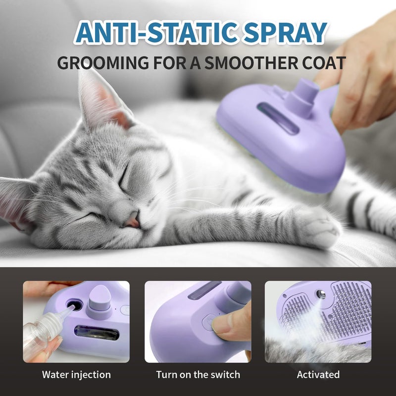 HeroKitty Dog Brush for Shedding, 3 in 1 Self Cleaning Steam Dog Brush - Anti-Static,Cat Steam Brush Removal Comb with Release Button, Grooming Tool for Long and Short Hair Pets, Purple - Image 5